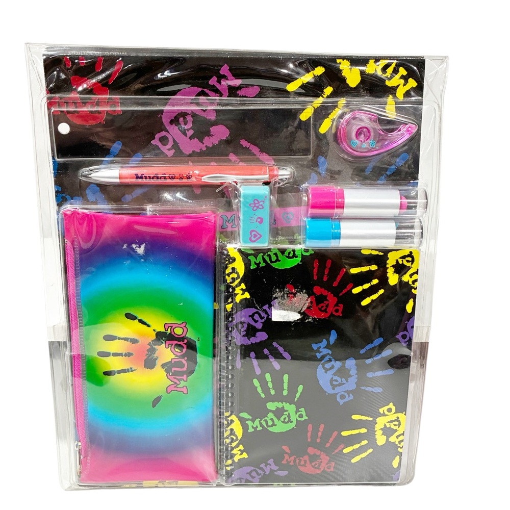 Mudd Vintage 2002 Y2K Pencil Pouch Ruler Notebook Tape Stapler Eraser Handprint